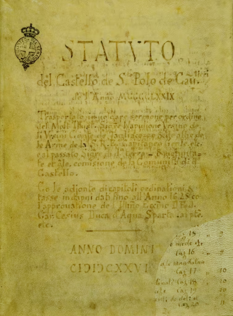 Frontespizio dello statuto del 1626 derivante dallo statuto Orsini del 1479